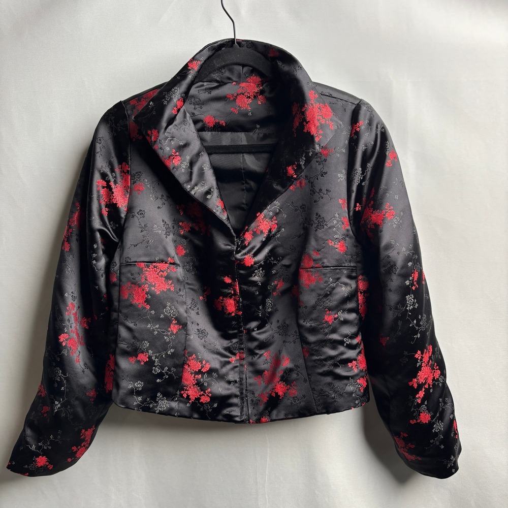 Vintage Black Red Floral Satin Brocade Cropped Blazer Jacket Asian Style M Goth